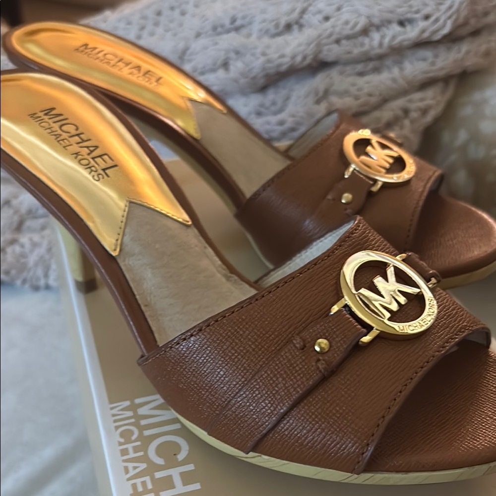 Michael Kors Brown and Gold Heeled Mules
